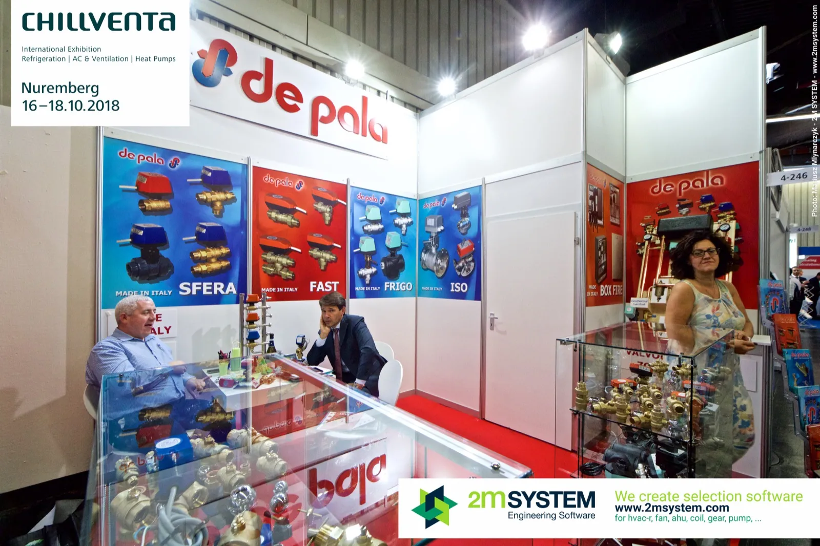 De Pala stand with motorised valve posters SFERA, FAST, FRIGO and ISO at Chillventa 2018