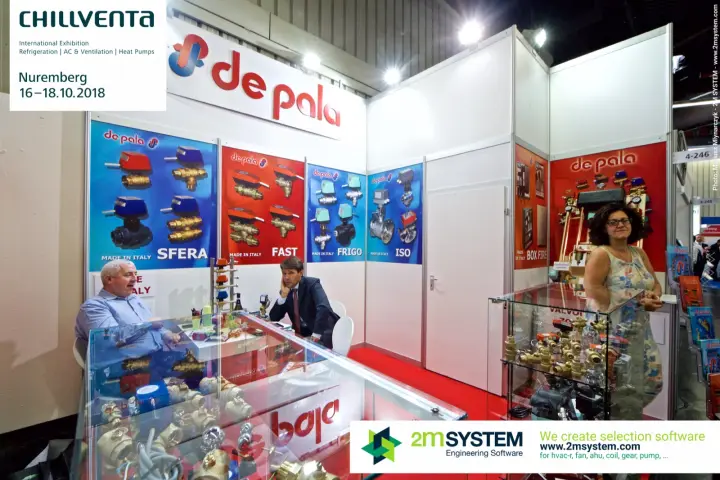 De Pala stand with motorised valve posters SFERA, FAST, FRIGO and ISO at Chillventa 2018