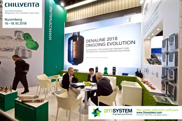 Denaline lounge with liquid separators and Ongoing Evolution graphic at Chillventa 2018