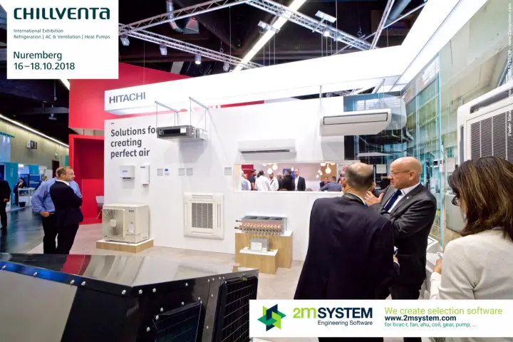 Discussion at the Hitachi stand with the indoor unit wall behind at Chillventa 2018