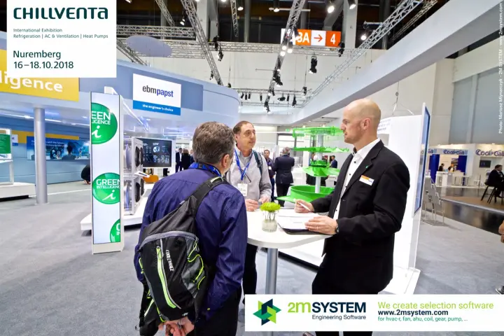 Discussion at a standing table under the ebm-papst sign at Chillventa 2018
