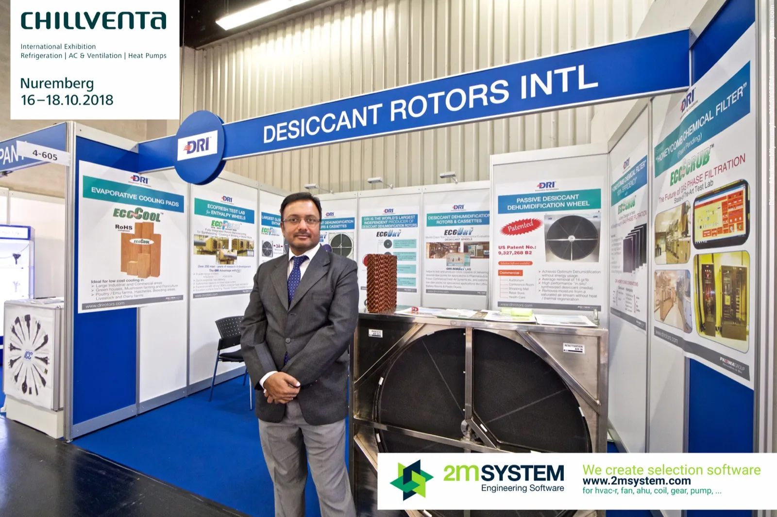 DRI desiccant wheel cassette in front of Passive Desiccant Dehumidification poster at Chillventa 2018