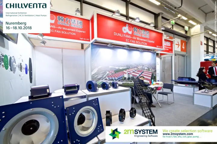 Dunli centrifugal fans and blowers lined up at the stand front at Chillventa 2018