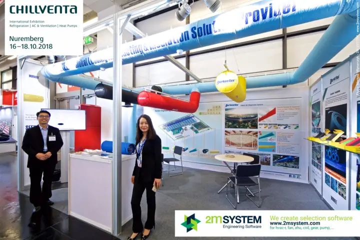 Durkee fabric air dispersion system display with coloured duct samples at Chillventa 2018