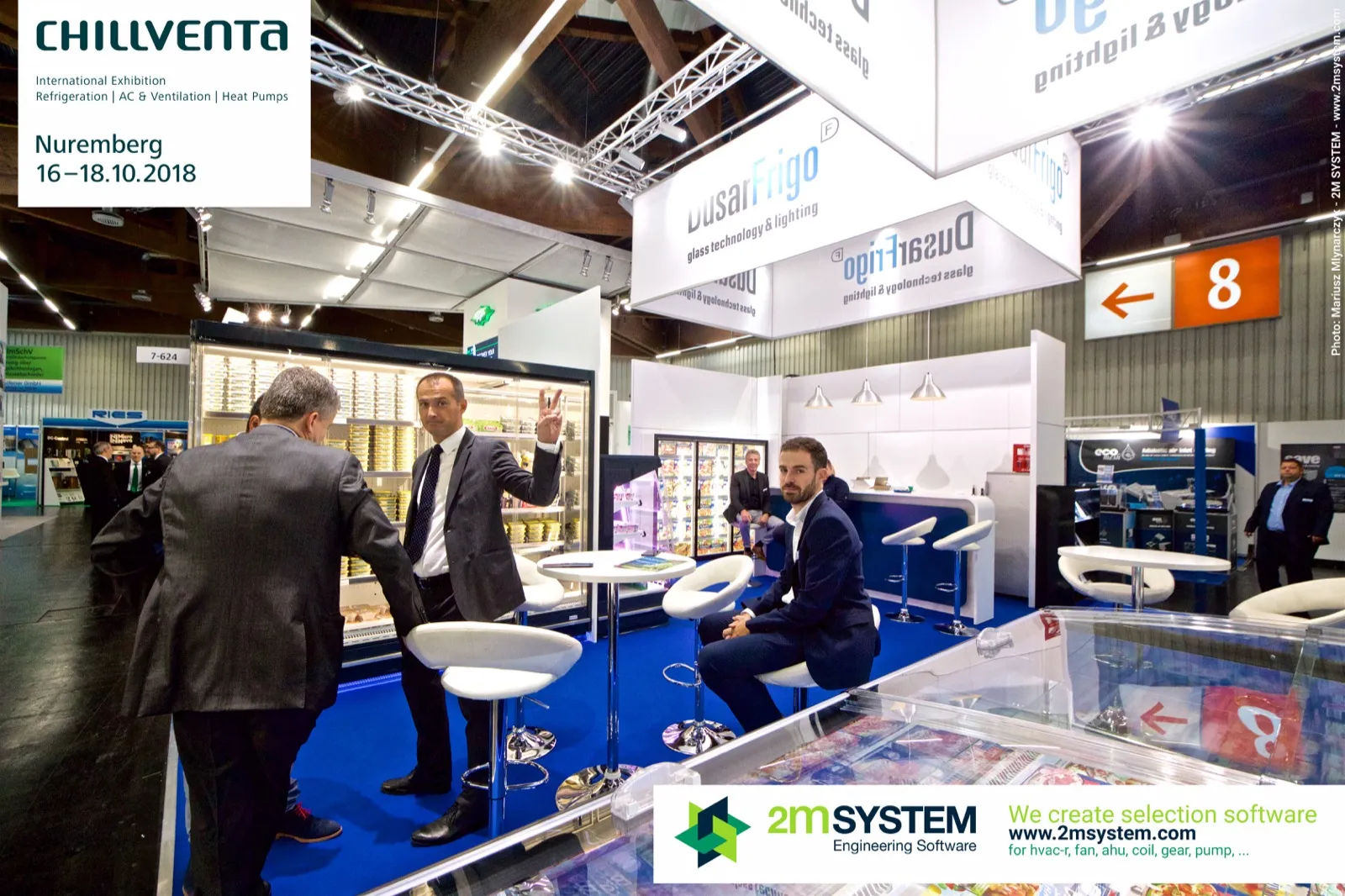 DusarFrigo stand with suspended banners and refrigerated display cases at Chillventa 2018