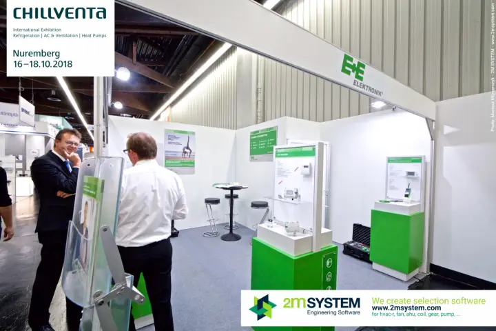 E+E Elektronik stand with CO2 sensors on green display plinths at Chillventa 2018
