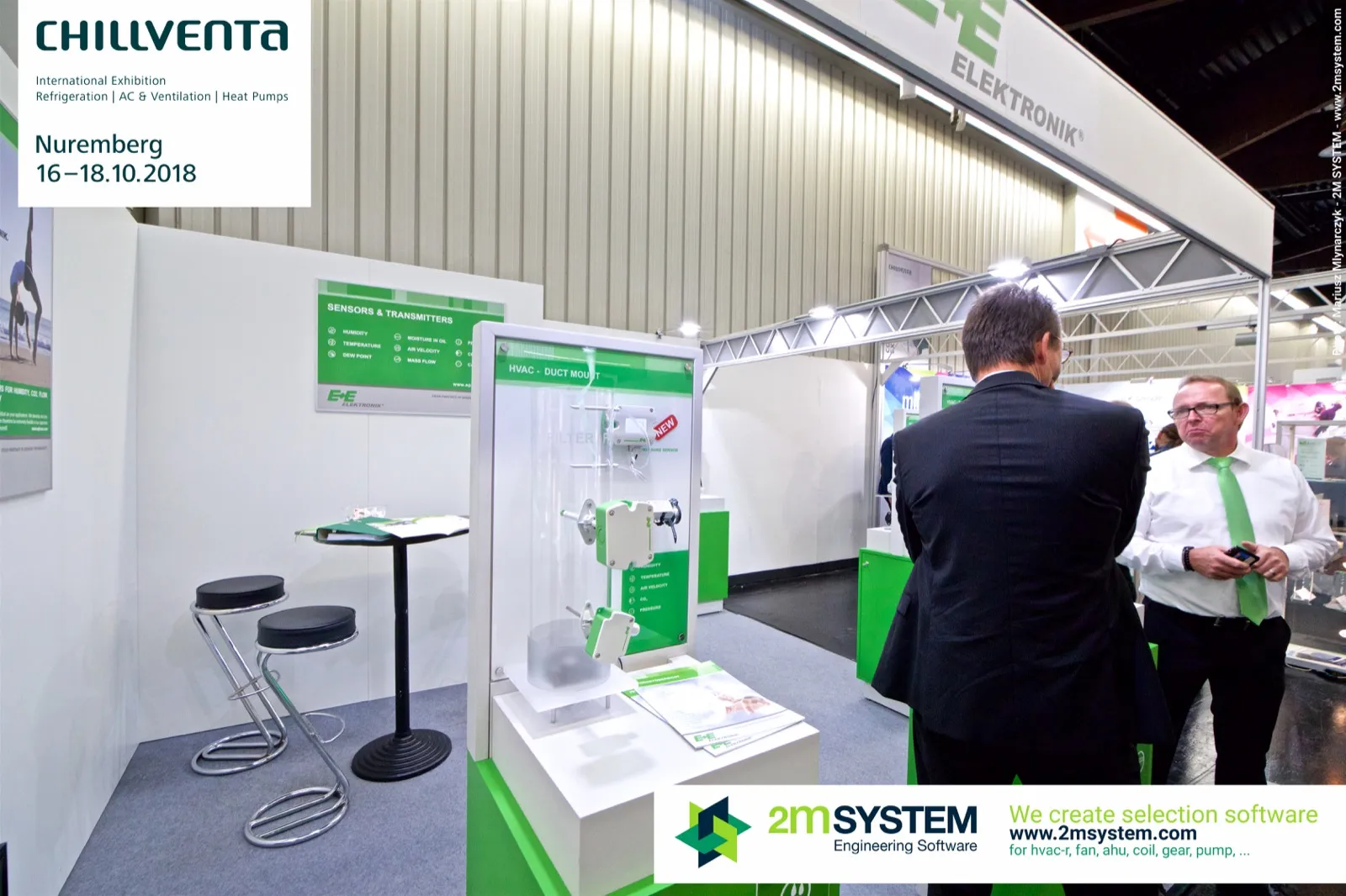 E+E HVAC duct-mount sensor display with new product sticker at Chillventa 2018