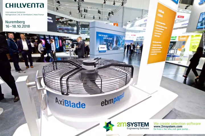 ebm-papst AxiBlade axial fan with wire guard on a white plinth at Chillventa 2018
