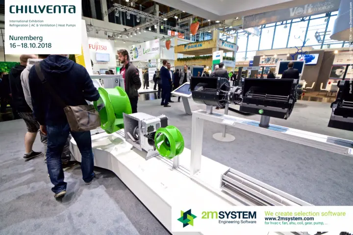 ebm-papst centrifugal fans and blower housings on a display rail at Chillventa 2018