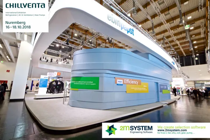 ebm-papst island stand with curved light-blue core and overhanging roof at Chillventa 2018