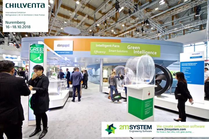 ebm-papst stand with 'Intelligent Fans – Green Intelligence' fascia and fan demo at Chillventa 2018