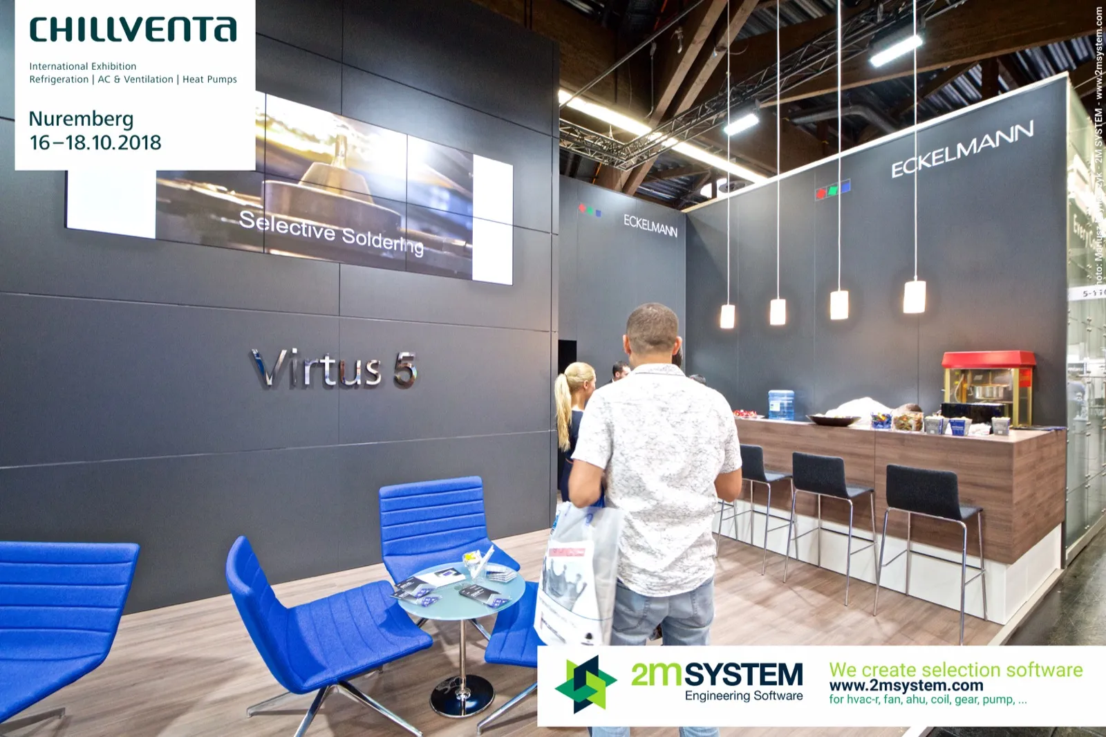 Eckelmann Virtus 5 wall with video wall and wooden bar counter at Chillventa 2018
