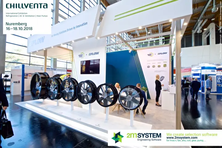 EFLOW stand overview with six axial fans displayed on a white plinth at Chillventa 2018