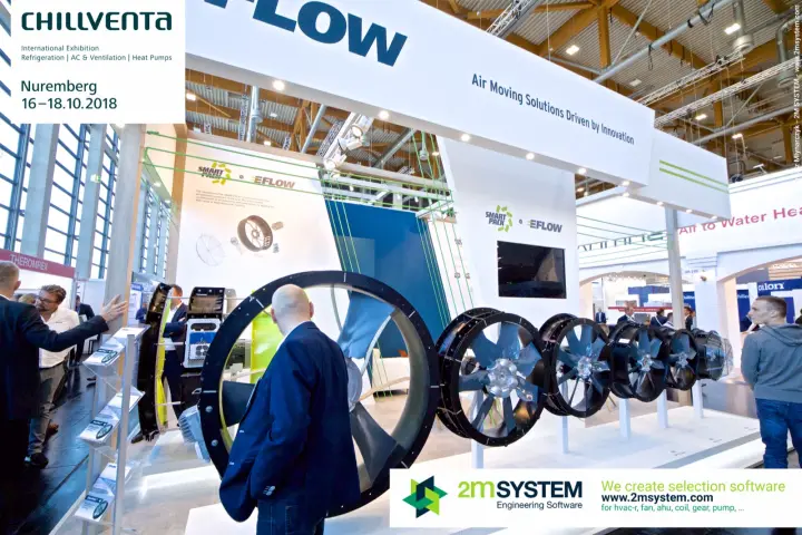 EFLOW stand with a row of large SMARTPACK axial fans under the slogan at Chillventa 2018