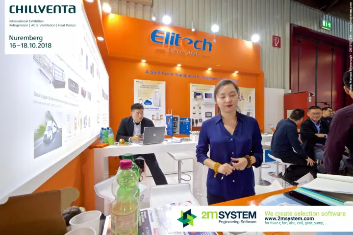 Elitech stand with a lit wall of controllers and monitoring tools at Chillventa 2018