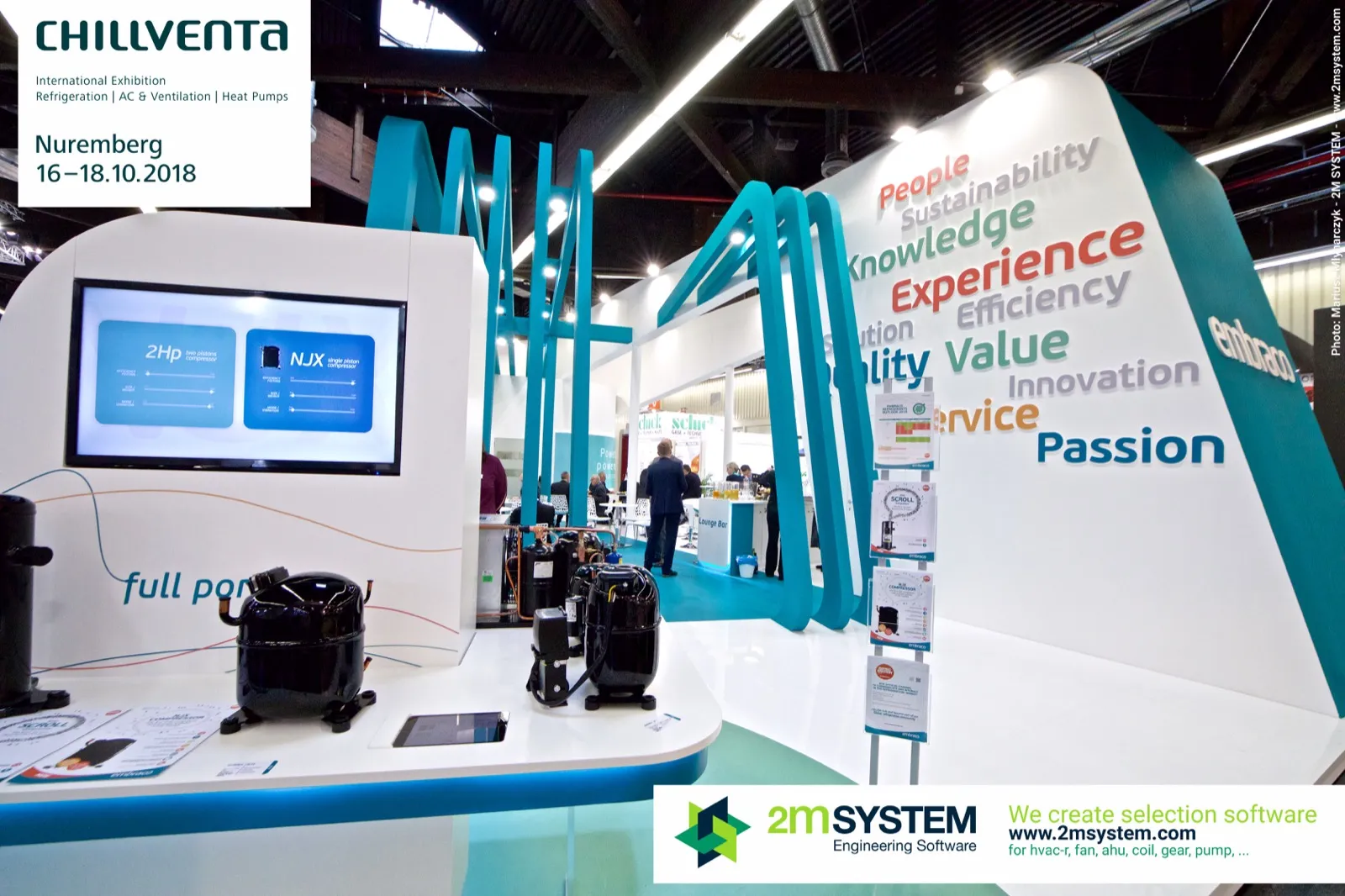 Embraco compressors below screen comparing NJX and 2Hp models at Chillventa 2018