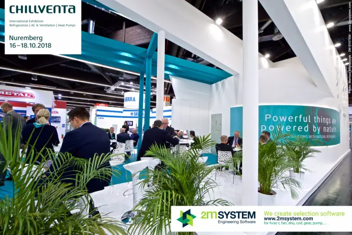 Embraco lounge with palms and "powered by nature" slogan at Chillventa 2018