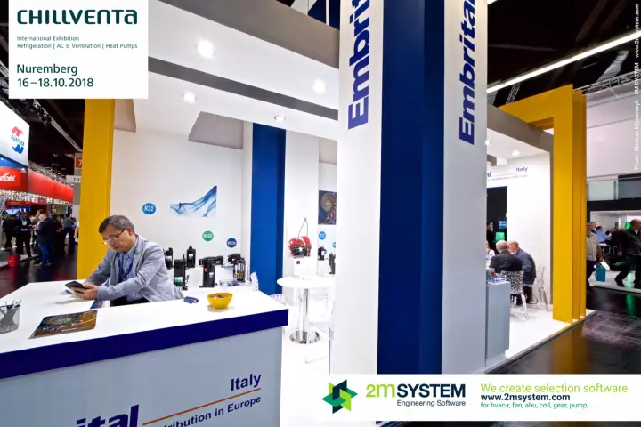 Embrital reception counter with compressor display and refrigerant labels at Chillventa 2018