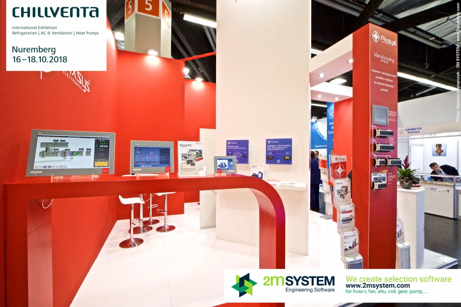 Empty Pixsys counter with HMI touch panels and panel PC brochure at Chillventa 2018