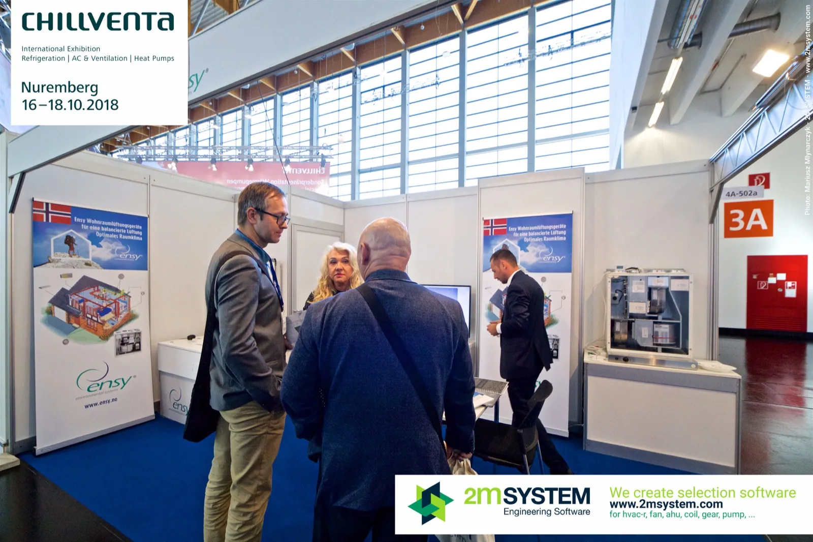 Ensy stand with Norwegian flag banners and an open residential ventilation unit at Chillventa 2018
