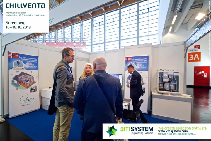 Ensy stand with Norwegian flag banners and an open residential ventilation unit at Chillventa 2018