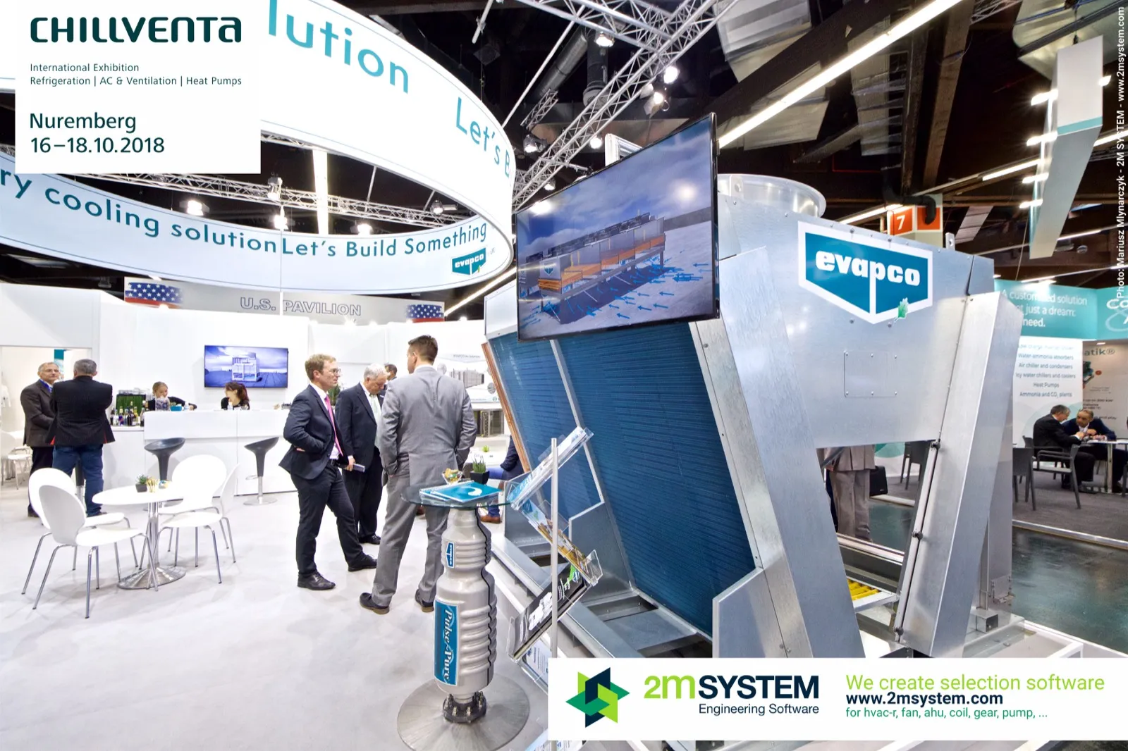 Evapco dry cooler with screen showing a rooftop installation render at Chillventa 2018