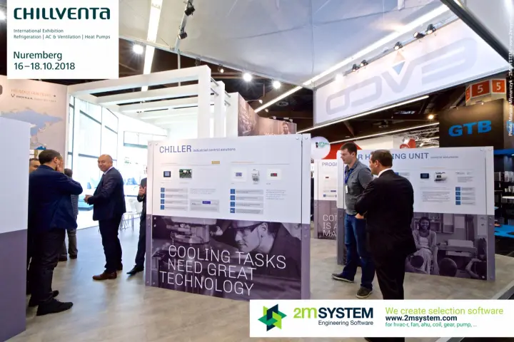 EVCO chiller and air handling unit control panels with visitors at Chillventa 2018