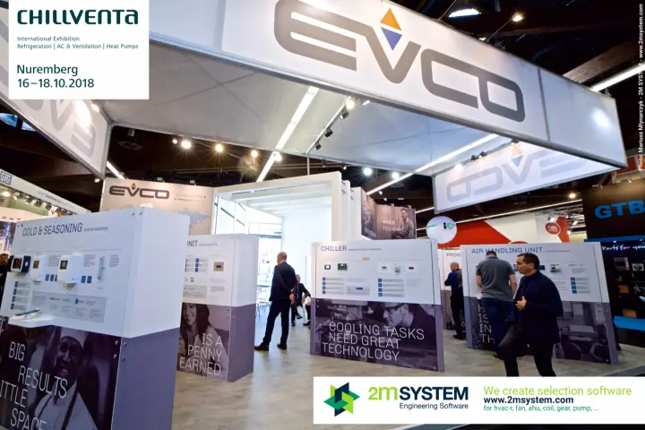 EVCO stand under suspended logo frame with control solution panels at Chillventa 2018