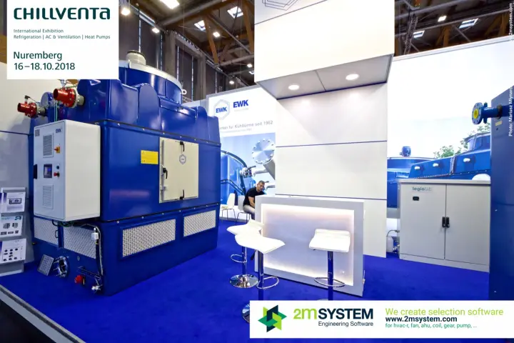 EWK blue cooling tower with control panel and legiolab cabinet at Chillventa 2018