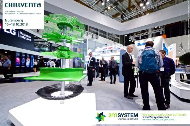 Exploded green fan model stacked on a pole at the ebm-papst stand at Chillventa 2018