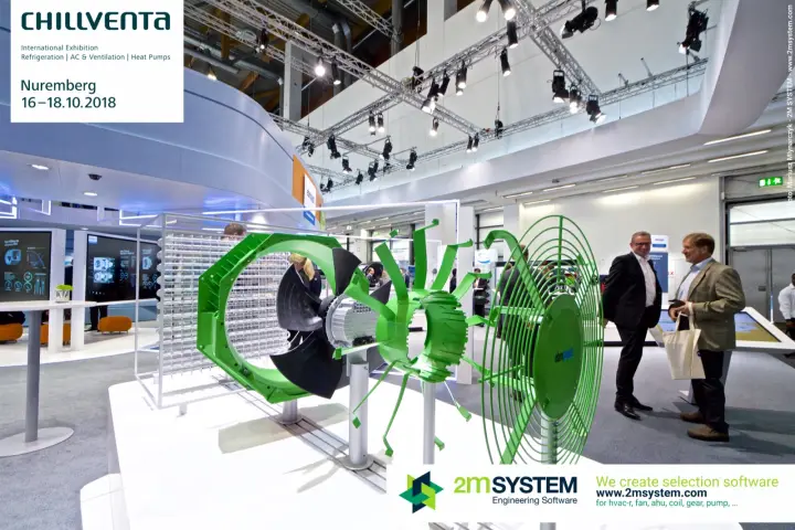Exploded view of an ebm-papst axial fan with green guard and housing at Chillventa 2018