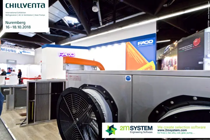 Faco stainless unit with large fans in front of its illuminated logo at Chillventa 2018