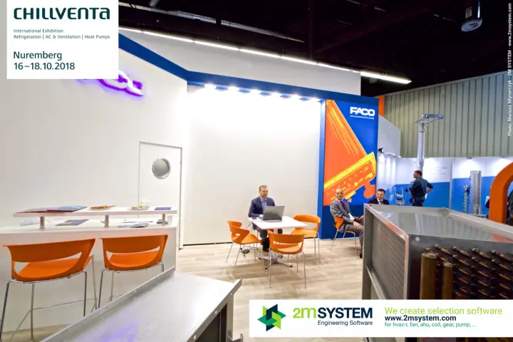 Faco stand meeting area with orange chairs and heat exchanger coil at Chillventa 2018