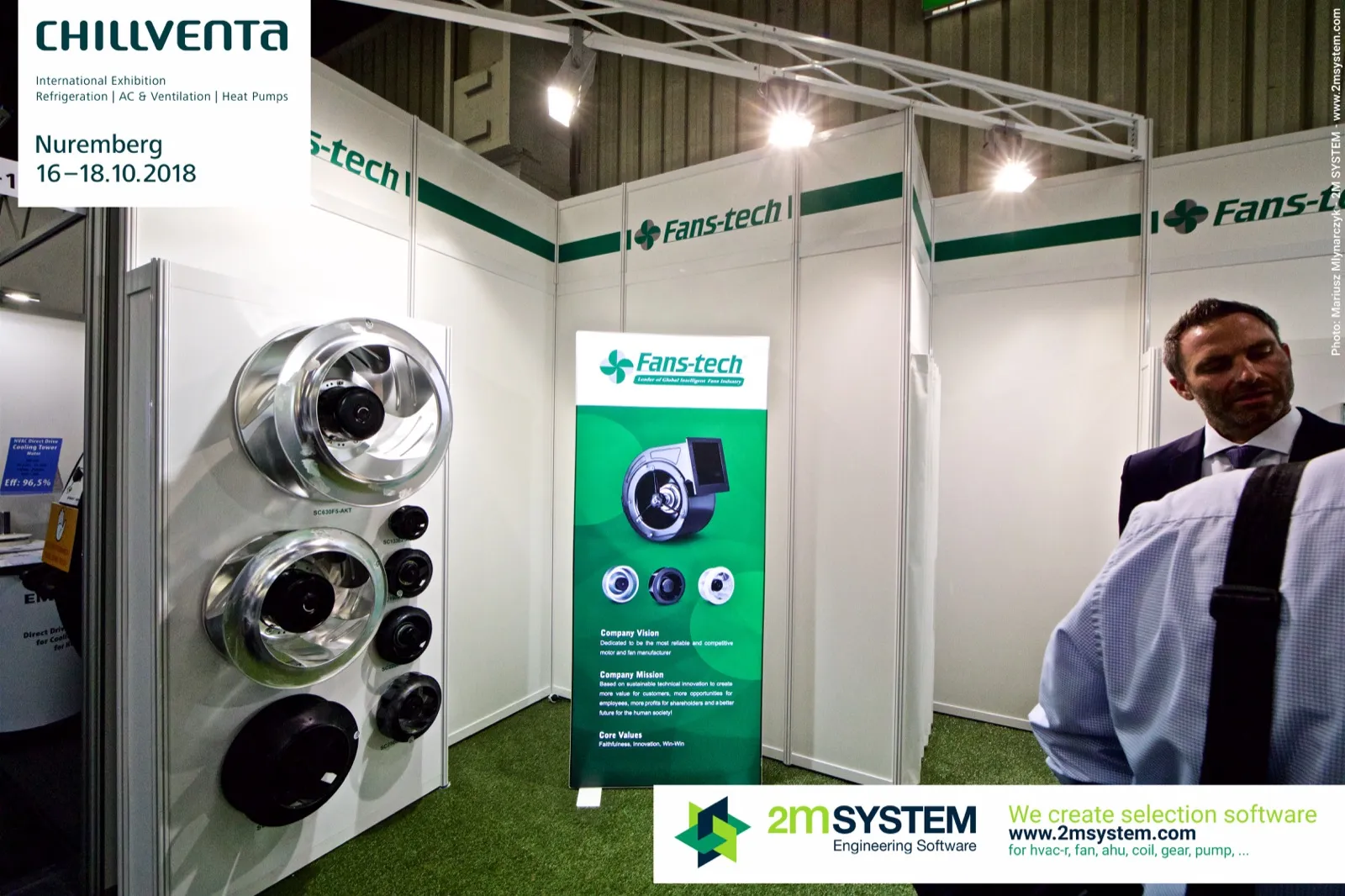 Fans-tech display of backward-curved plug fans and a centrifugal blower banner at Chillventa 2018