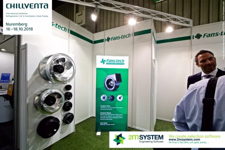 Fans-tech display of backward-curved plug fans and a centrifugal blower banner at Chillventa 2018