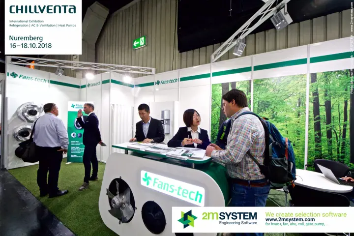 Fans-tech stand with fans built into an illuminated reception counter at Chillventa 2018