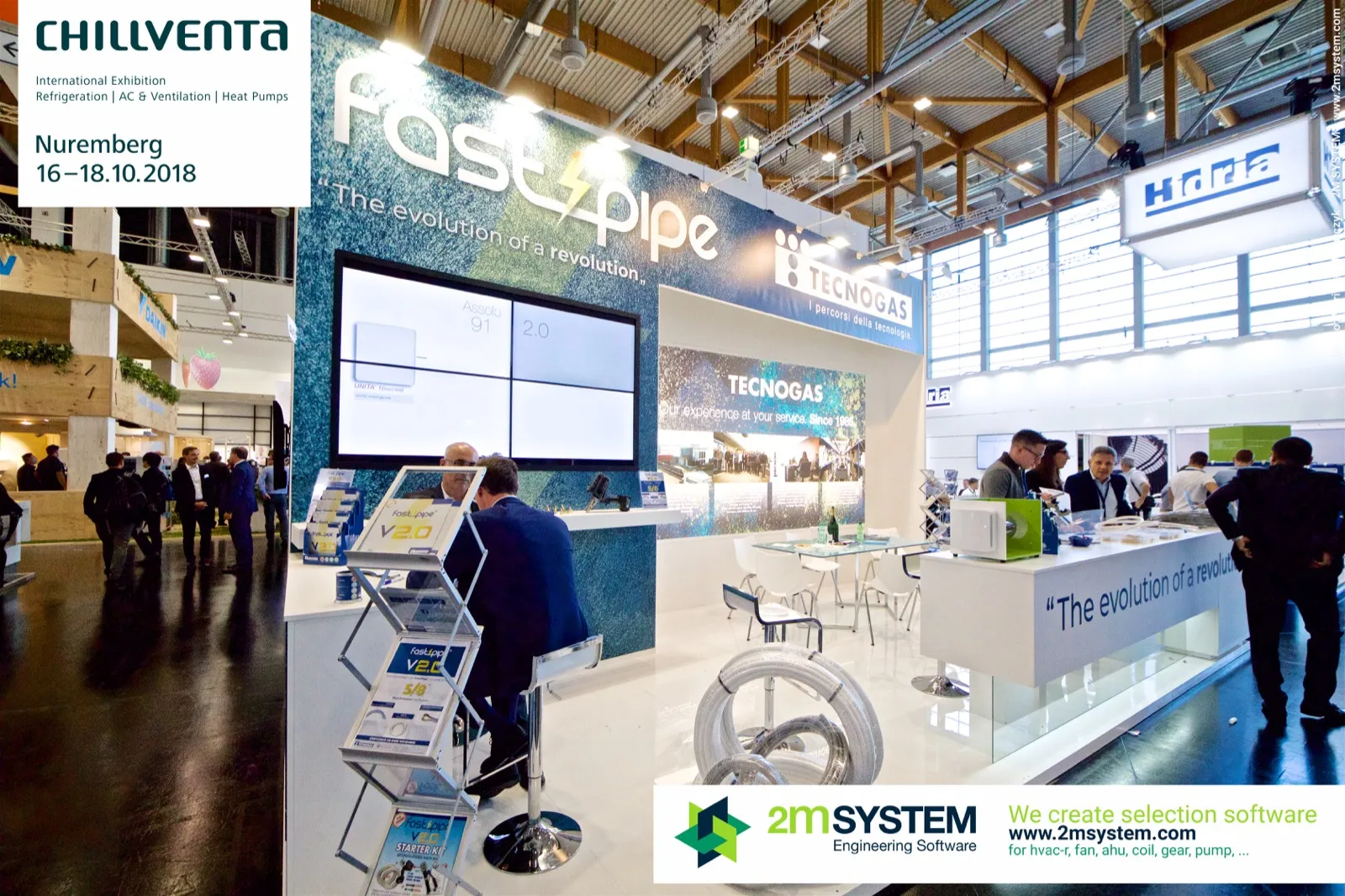 Fastpipe and Tecnogas stand with coiled pipes and a video wall at Chillventa 2018