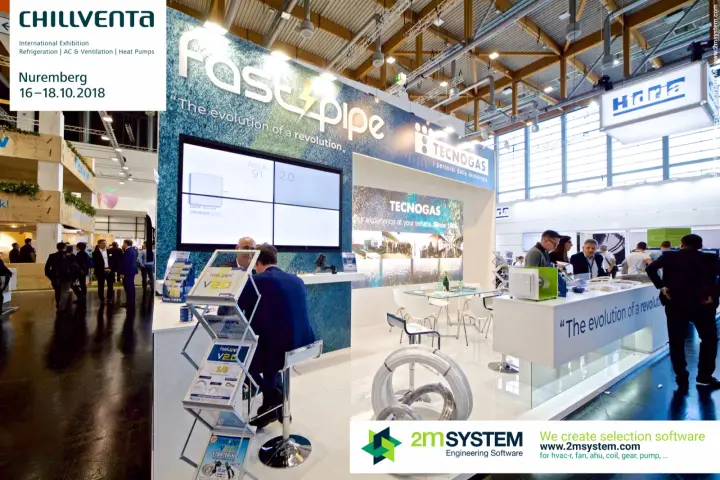 Fastpipe and Tecnogas stand with coiled pipes and a video wall at Chillventa 2018