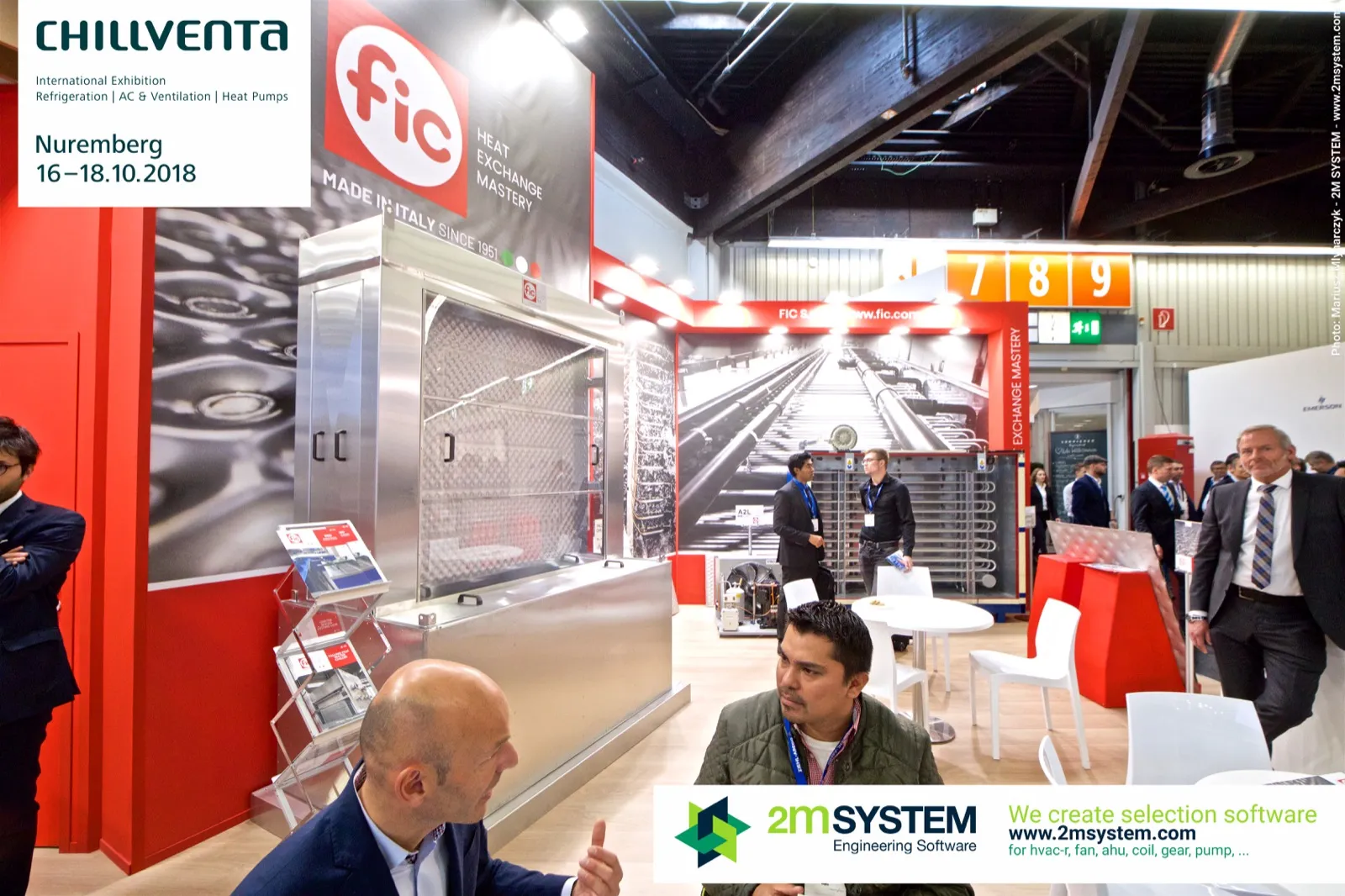 FIC stainless cabinet under the logo with hall 7-9 signs behind at Chillventa 2018