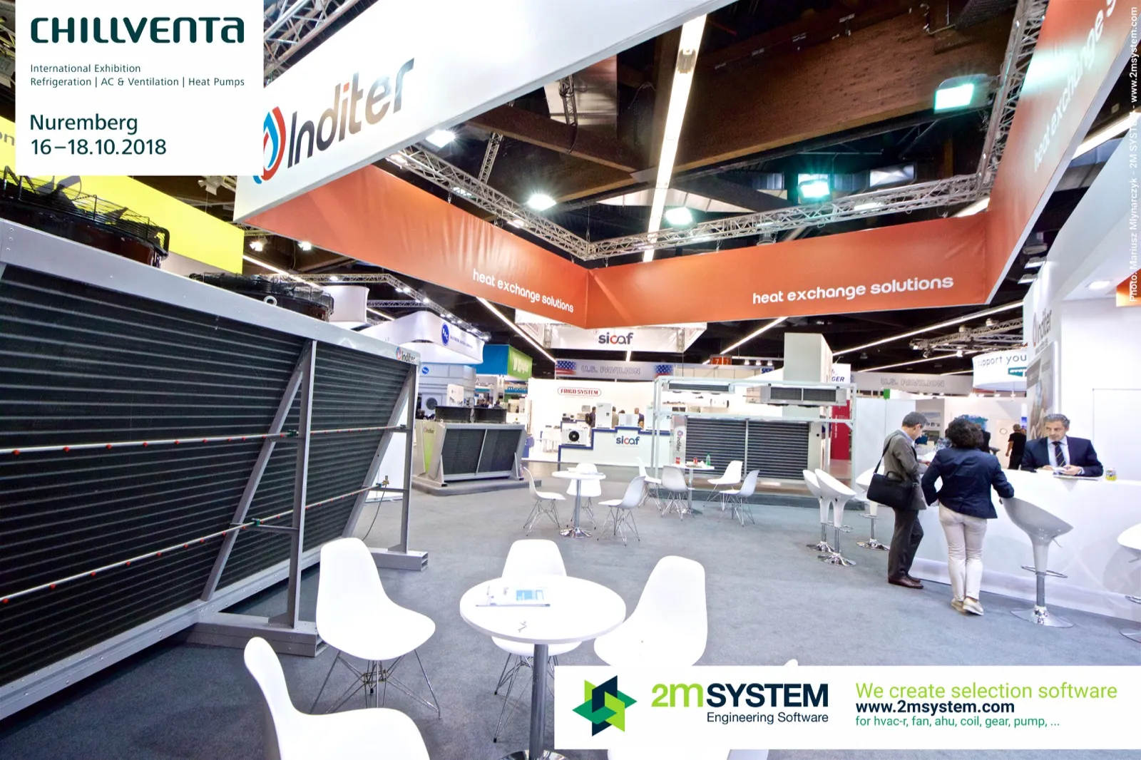 Finned coil of an Inditer V-type cooler with spray pipe beside the stand counter at Chillventa 2018