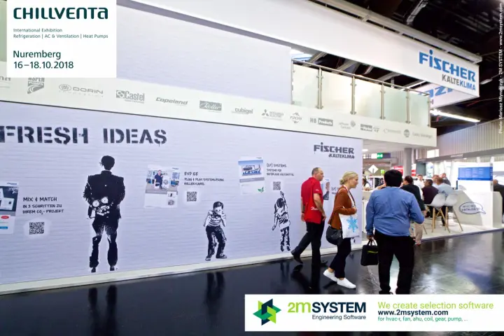 Fischer Kälteklima 'Fresh Ideas' wall with stencil graphics and partner logos at Chillventa 2018