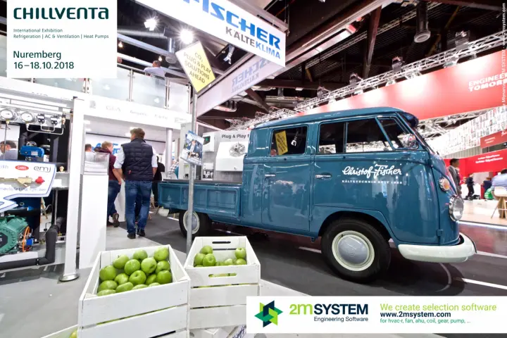 Fischer Kälteklima pickup with crates of apples and 'CO2 Plug & Play' sign at Chillventa 2018