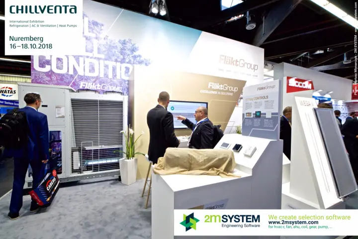 FläktGroup stand with outdoor chiller, ISYteq Controls display and WEGA II panel