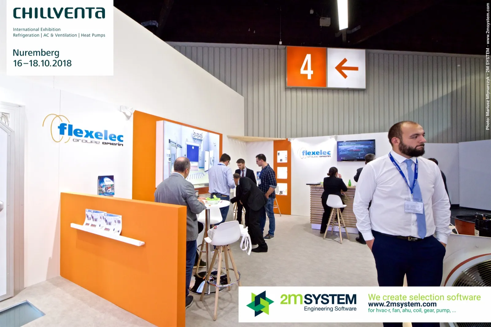 Flexelec Groupe Omerin logo wall with orange brochure panel at Chillventa 2018