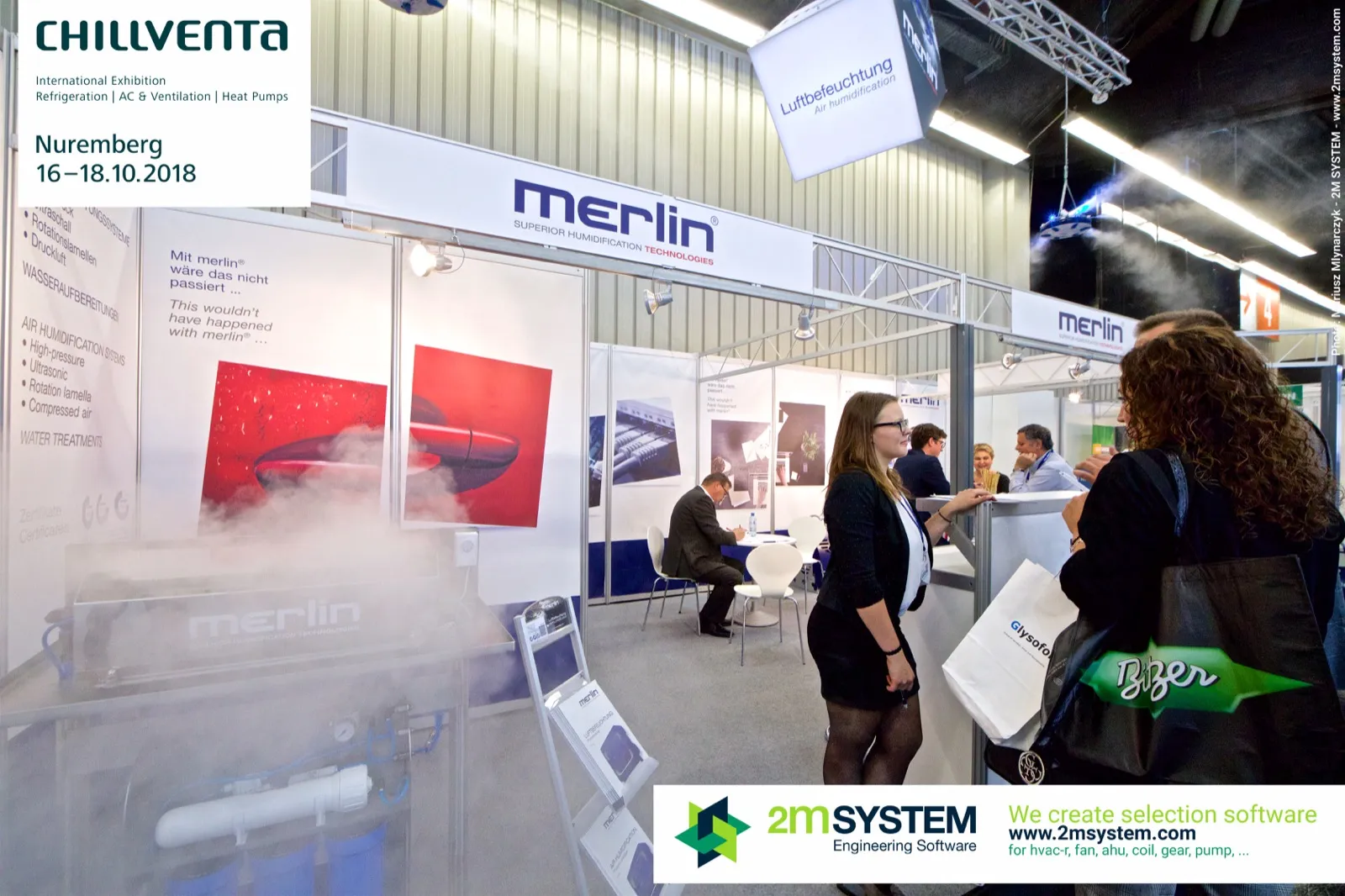 Fog demonstration and hanging air humidification cube at Merlin at Chillventa 2018