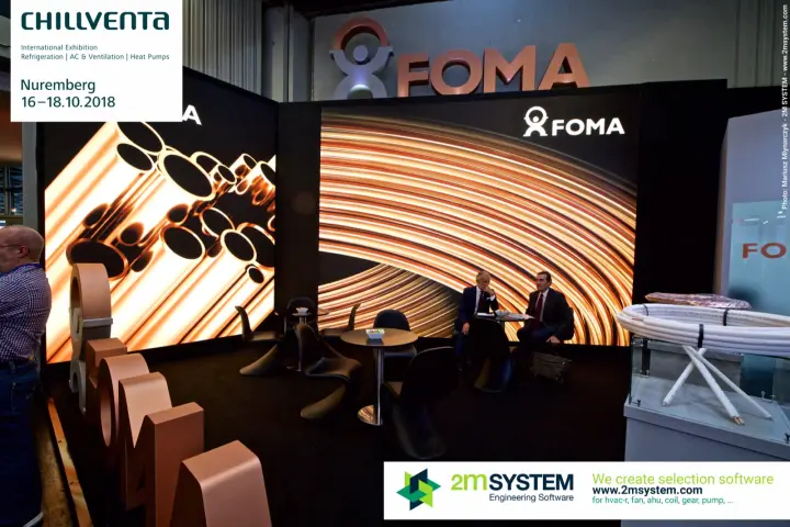 Foma stand with large copper tube graphics and insulated pipe display at Chillventa 2018
