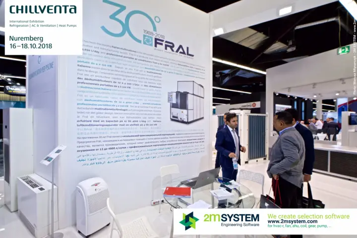Fral meeting table beside its multilingual 30-year company wall at Chillventa 2018