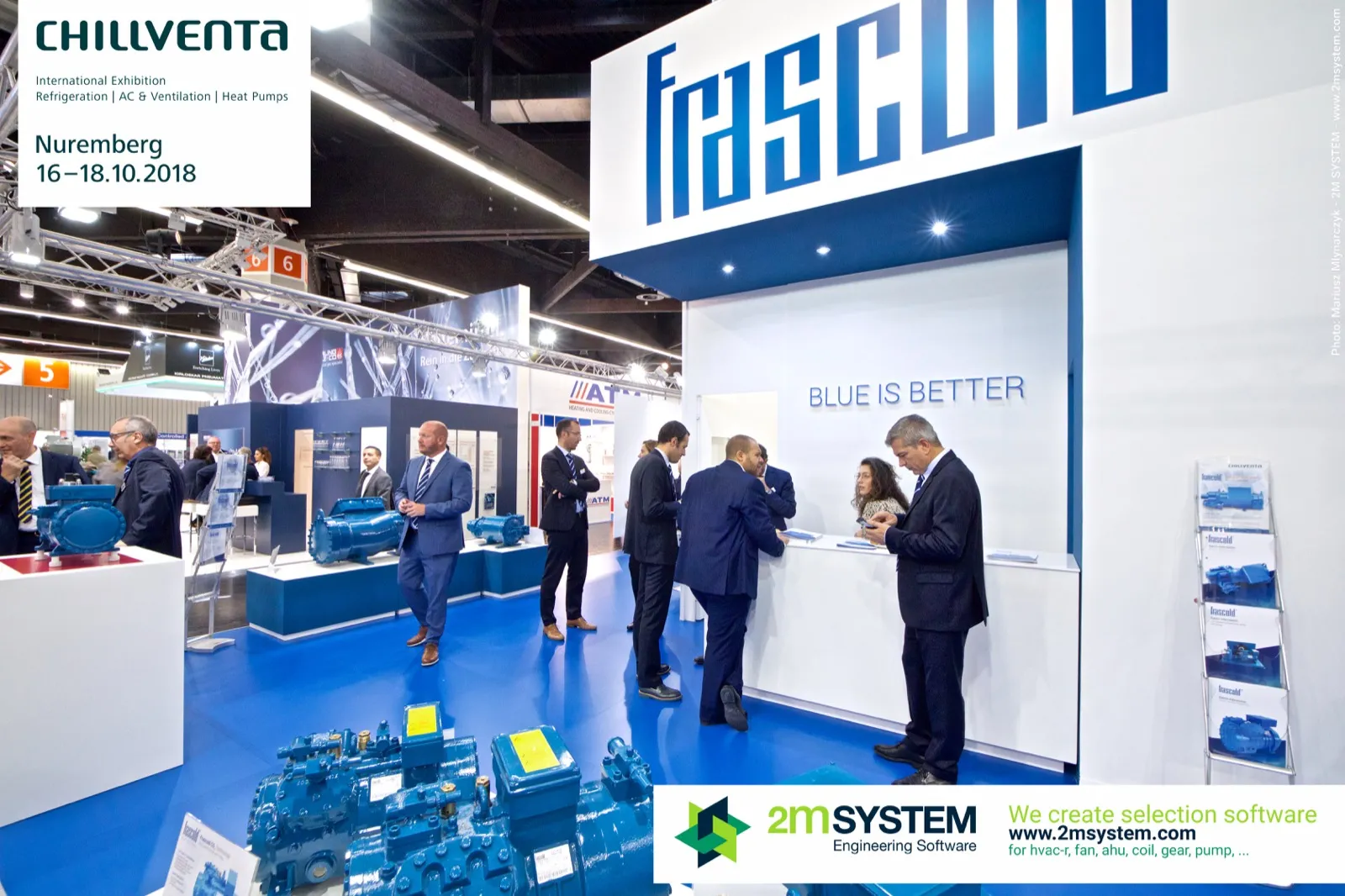 Frascold compressor display and brochure rack under the blue logo at Chillventa 2018