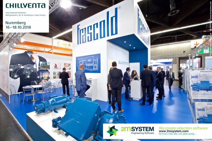 Frascold stand with blue screw compressors and "Blue is Better" wall at Chillventa 2018