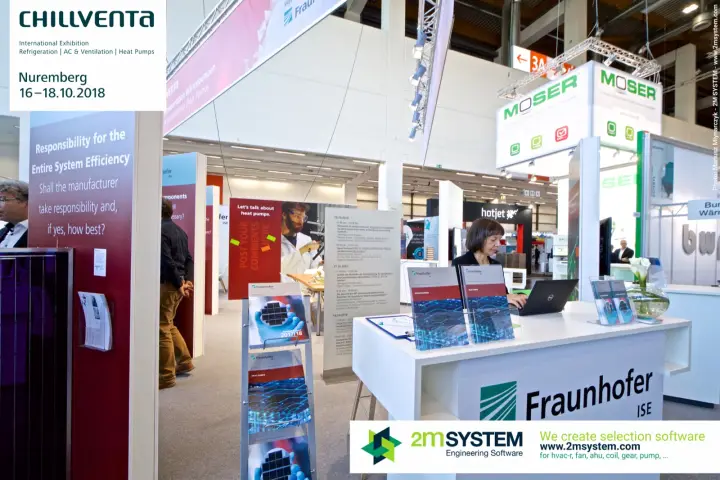 Fraunhofer ISE desk with heat pump brochures and topic pillars at Chillventa 2018